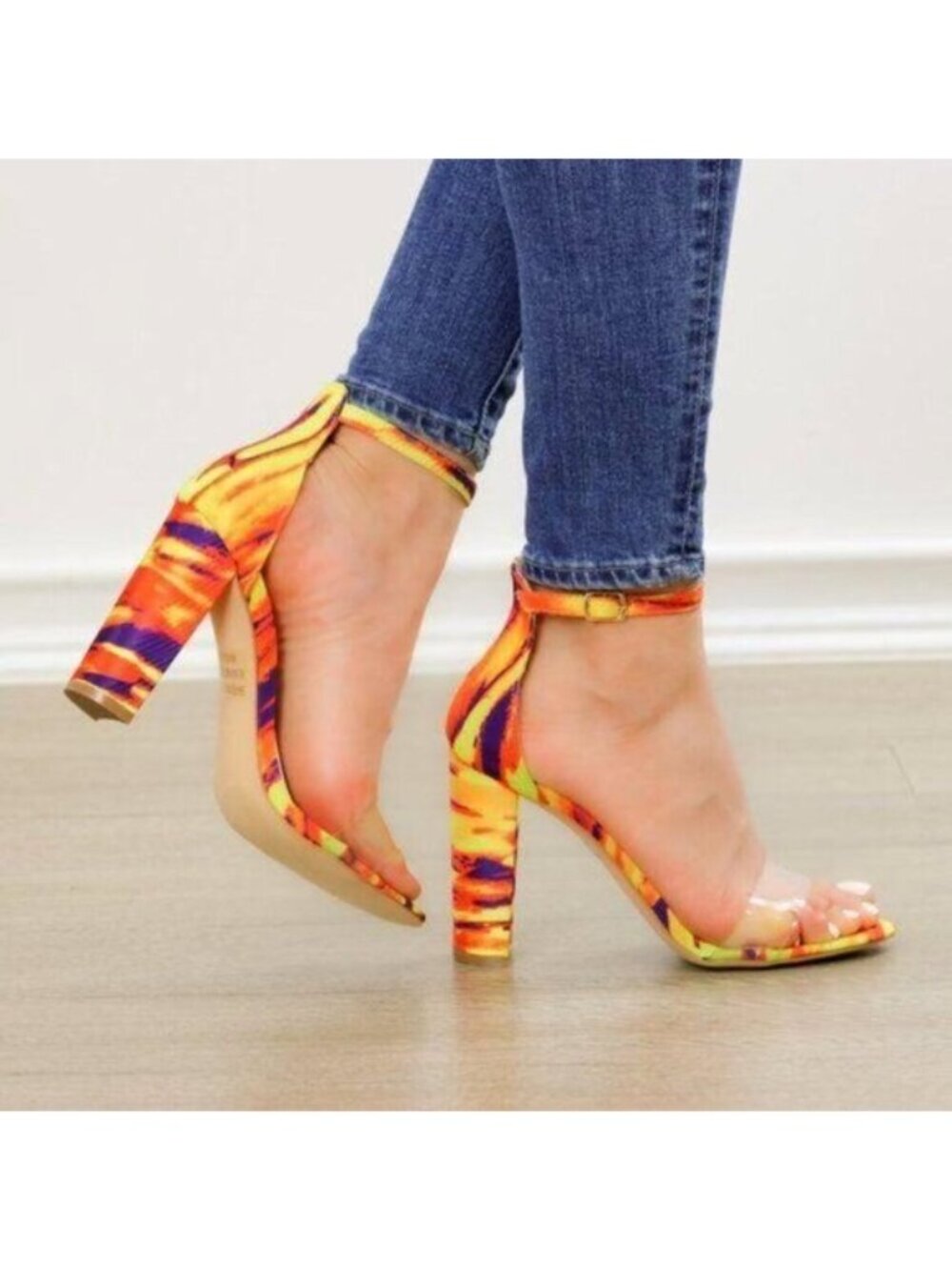 Ankle Strap Chunky Heeled Sandals, Clear Toe Band - Picture 6 of 9